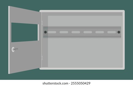 Empty circuit breaker box with mounted DIN rail. Vector illustration