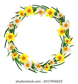 Empty circular floral wreath of daffodils isolated on white background. svg
