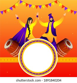 Empty Circular Frame With Cartoon Punjabi Couple Doing Bhangra Dance And Dhol Instruments On Orange Background.