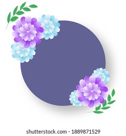 Empty Circular Frame With Glossy Flowers And Green Leaves On White Background.