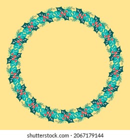 Empty Circular Frame Made By Berries And Leaves On Yellow Background.