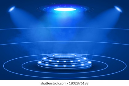 Empty circular podium illuminated by blue spot lights in a concept of winning and achievement, colored vector illustration