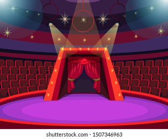 Empty Circus Arena Flat Vector Illustration. Family Entertainment, Amusement Show. Cirque With Nobody Inside. Round Arena, Tribunes, Performance Stage With No People. Carnival Tent Interior