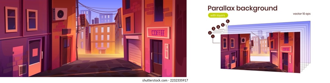 Empty city backstreet with shop and coffee house, parallax background layers. Vector cartoon illustration of urban alley, modern skyscrapers under blue sky. Morning cityscape illuminated by sunlight