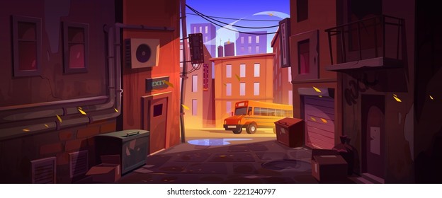 Leere City Backstreet mit Müllcontainer, gelber Schulbus, der die Stadtstraße gegen Silhouetten moderner Wolkenkratzer fährt. Cartoon, Vektorgrafik von Shabby, dunkler Ort, Hintergrund