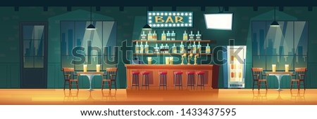 Empty city bar or pub at evening cartoon vector retro interior. Stools row near bar counter, shelves with alcohol bottles, glowing signboard, cool beverages in fridge, tables and chairs illustration