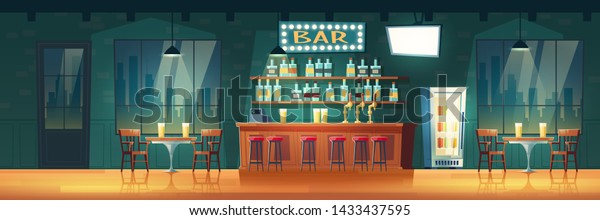 Empty city bar or pub at evening cartoon\
vector retro interior. Stools row near bar counter, shelves with\
alcohol bottles, glowing signboard, cool beverages in fridge,\
tables and chairs\
illustration