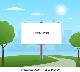 Empty city billboard. City outdoor advertising  with blank billboard on cityscape background. Vector illustration in flat style.