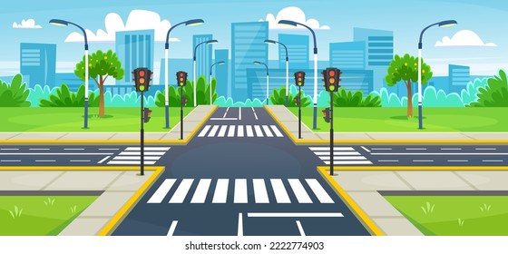 Empty city crossroad with a crosswalk and traffic light. Landscape view on a road crossing and modern buildings. Background for a driving school. Urban intersection. Cartoon style vector illustration.