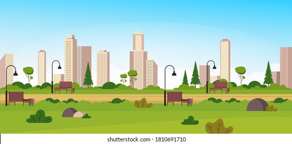 Empty city green park concept. Vector flat cartoon graphic design illustration