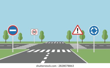 Empty city intersection with crosswalks and various road traffic signs like speed limit, roundabout, and warning.