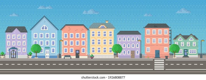 Empty city with long road along pixelated houses vector. City downtown landscape with colored buildings. Design for mobile app, computer game. Low-rise apartment buildings in pixel style