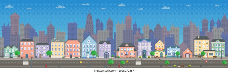 Empty city with long road along pixelated houses vector. City downtown landscape with colored buildings. Design for mobile app, computer game. Low-rise apartment buildings in pixel style