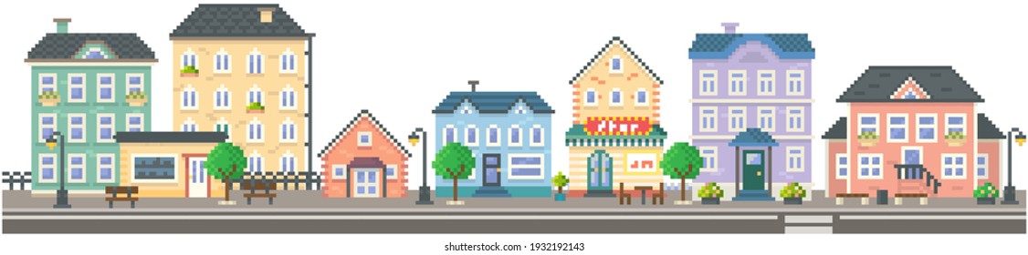 Empty city with long road along pixelated houses vector. City downtown landscape with colored buildings. Design for mobile app, computer game. Low-rise apartment buildings in pixel style