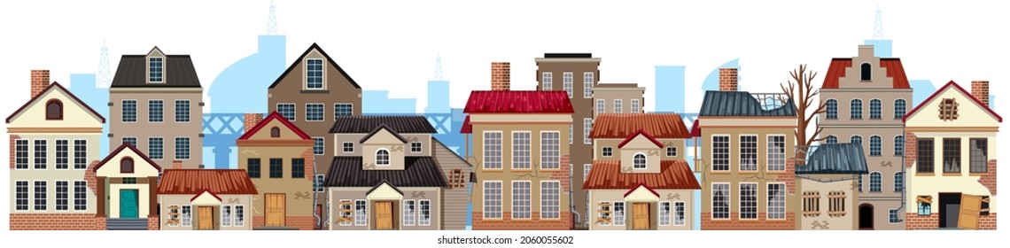 Empty city with old broken building illustration