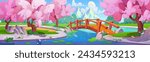 Empty city park with bridge over pond or river, pink flowering sakura trees and flying petals. Cartoon spring vector of japanese cherry woods in urban garden, mountain view.
