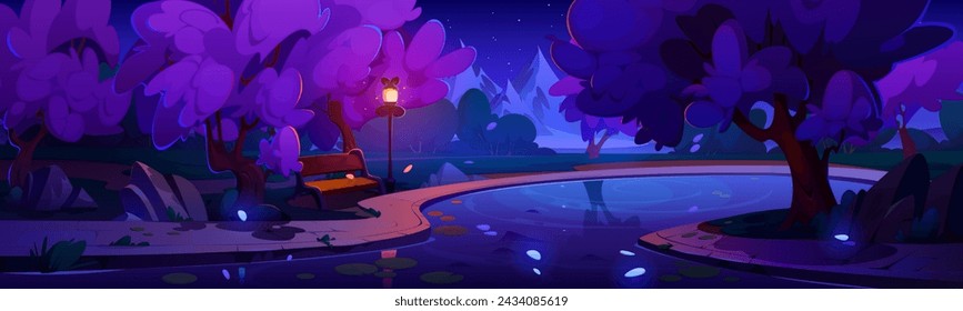 Empty city park with bridge over pond or river, pink flowering sakura trees and lanterns at night. Cartoon spring vector of japanese cherry woods in urban garden.