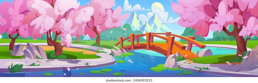 Empty city park with bridge over pond or river, pink flowering sakura trees and flying petals. Cartoon spring vector of japanese cherry woods in urban garden, mountain view.