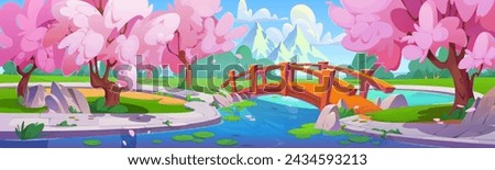 Empty city park with bridge over pond or river, pink flowering sakura trees and flying petals. Cartoon spring vector of japanese cherry woods in urban garden, mountain view.