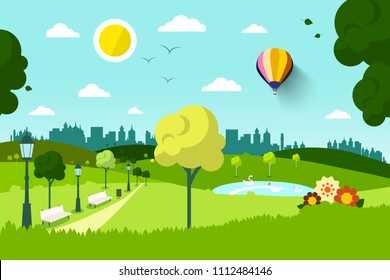 Empty City Park with Flowers and Trees - Vector