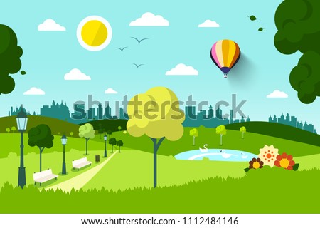 Empty City Park with Flowers and Trees - Vector