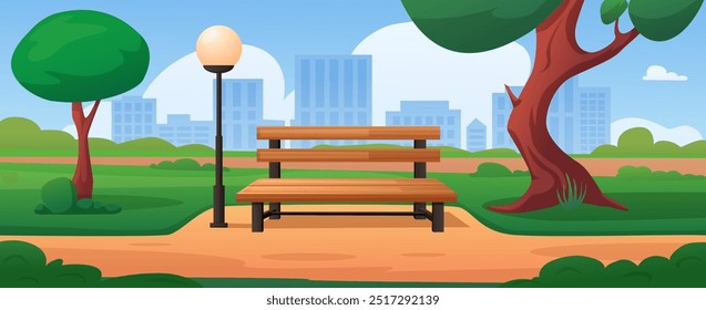 Empty city park. Wooden bench and lantern, street light and rest area. Public garden for relaxing, tree and buildings silhouettes, nowaday vector scene