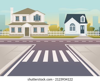 Empty city road with pedestrian crossing and wooden house sunny day with clear sky vector illustration