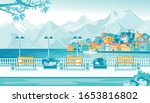 Empty City Seafront, Bench near Plants under Street Light. Houses, Buildings and Mountain Landscape on Background. Romantic Place near Water. Boat or Yacht on River. Vector Illustration