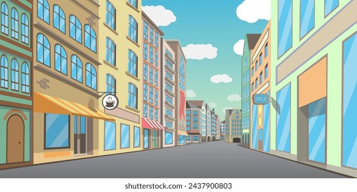 Empty city street with asphalt road, houses and buildings vector illustration. Downtown cityscape and decorating store, cafe, home exteriors during summer day background