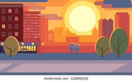 Empty City Street at Early Morning or Late Evening Flat Vector Illustration. Urban Landscape with Trees, Buildings and Rising or Siting Down Bright Sun Disk. Sunset or Sunrise in Modern City Concept