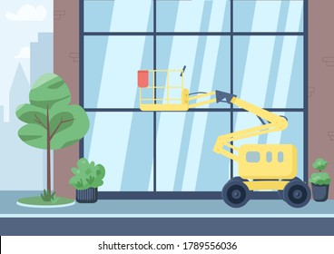 Empty City Street Flat Color Vector Illustration. 2D Cartoon Cityscape With Building On Background. Commercial Janitorial Service, Urban Cleaning Business. High Lift For Window Washing