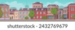 Empty city street. Landscape of a block with residential buildings in sunny summer weather. Panorama. Horizontal banner. Vector illustration in cartoon style