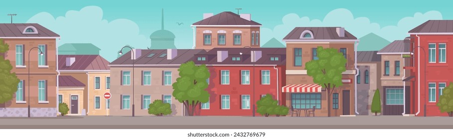 Empty city street. Landscape of a block with residential buildings in sunny summer weather. Panorama. Horizontal banner. Vector illustration in cartoon style