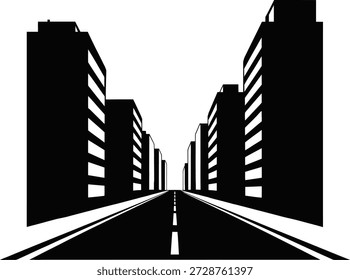 Perspectiva de la calle de la ciudad vacía con edificios altos Silueta Carretera Urbana