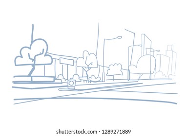 empty city street skyscraper buildings view modern cityscape sketch doodle hand drawn style horizontal