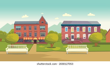 Empty city street of small province with house building exterior and natural garden park vector