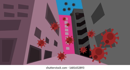 Empty city streets with COVID-19 virus floating in the air