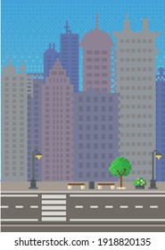Empty city vector illustration. City downtown landscape with skyscraper silhouettes. Design for mobile app, computer game. Low-rise apartment buildings on background of sky. Modern town architecture