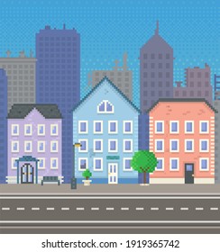 Empty city vector illustration. City downtown landscape with skyscraper silhouettes. Design for mobile app, computer game. Low-rise apartment buildings on background of sky. Modern town architecture
