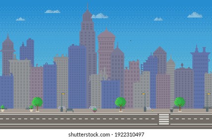 Empty city vector illustration. City downtown landscape with skyscraper silhouettes. Design for mobile app, computer game. Low-rise apartment buildings on background of sky. Modern town architecture