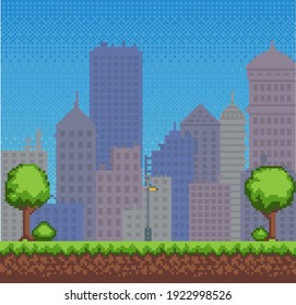 Empty city vector illustration. City downtown landscape with skyscraper silhouettes. Design for mobile app, computer game. Low-rise apartment buildings on background of sky. Modern town architecture