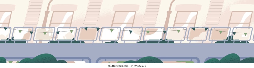Empty cityscape background. Horizontal banner with blank city street. Building fronts, town exterior, house facades panoramic view. Nobody is on asphalt road with railing. Flat vector illustration