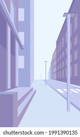 Empty cityscape perspective street of large city with buildings. Skyscrapers metropolis, architecture outdoor panoramic landscape. Apartment buildings exterior. Vector illustration