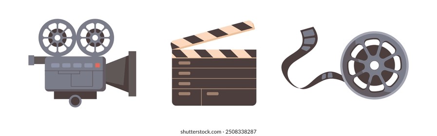 Empty clapper board and film camera with modern lens. Vector movie strip or reel with video footage. Cinema industry and cinematography, vintage motion pictures for audience, flat icons set