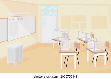 Empty class at school flat color vector illustration. Coronavirus precaution measure. School quarantine. Seats and desks with shield 2D cartoon interior with classroom on background