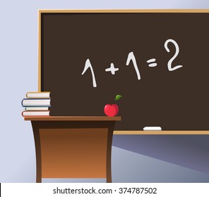 Empty class at school , a table and an Apple on it. Vector illustration