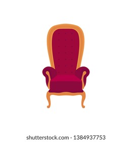 Empty classic armchair cartoon style, vector illustration isolated on white background. Purple royal high back throne with soft upholstery and golden decorative elements