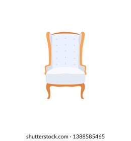 Empty classic armchair cartoon style, vector illustration isolated on white background. White royal throne with soft upholstery and golden decorative elements