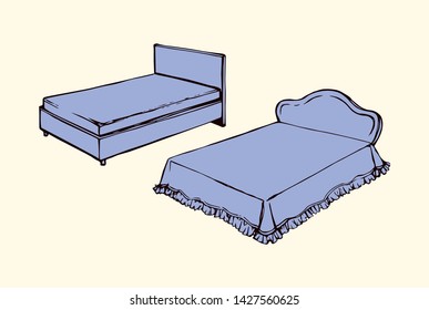 Empty classic big wood cozy soft trendy hostel bunk on light white backdrop. Bright color hand drawn logo emblem pictogram sketchy in art retro scribble cartoon style. Closeup view with space for text