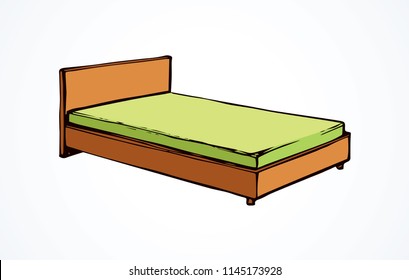 Empty classic brown wood cozy soft trendy hostel bunk on white backdrop. Bright color hand drawn logo sketchy in art retro scribble cartoon style. Closeup view with space for text